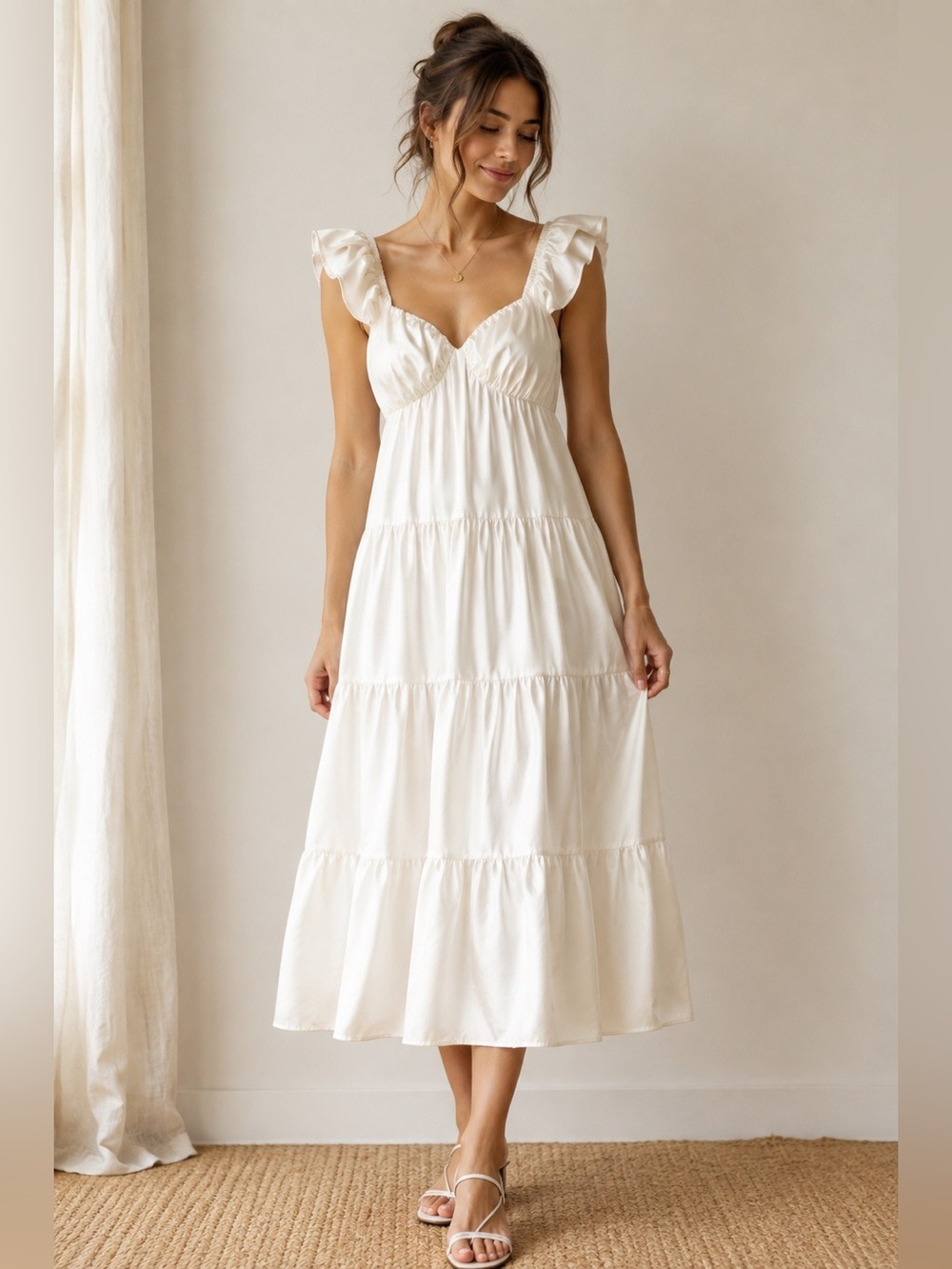 White Cottagecore Milkmaid Ruffle Midi Dress Romantic Tiered NWT